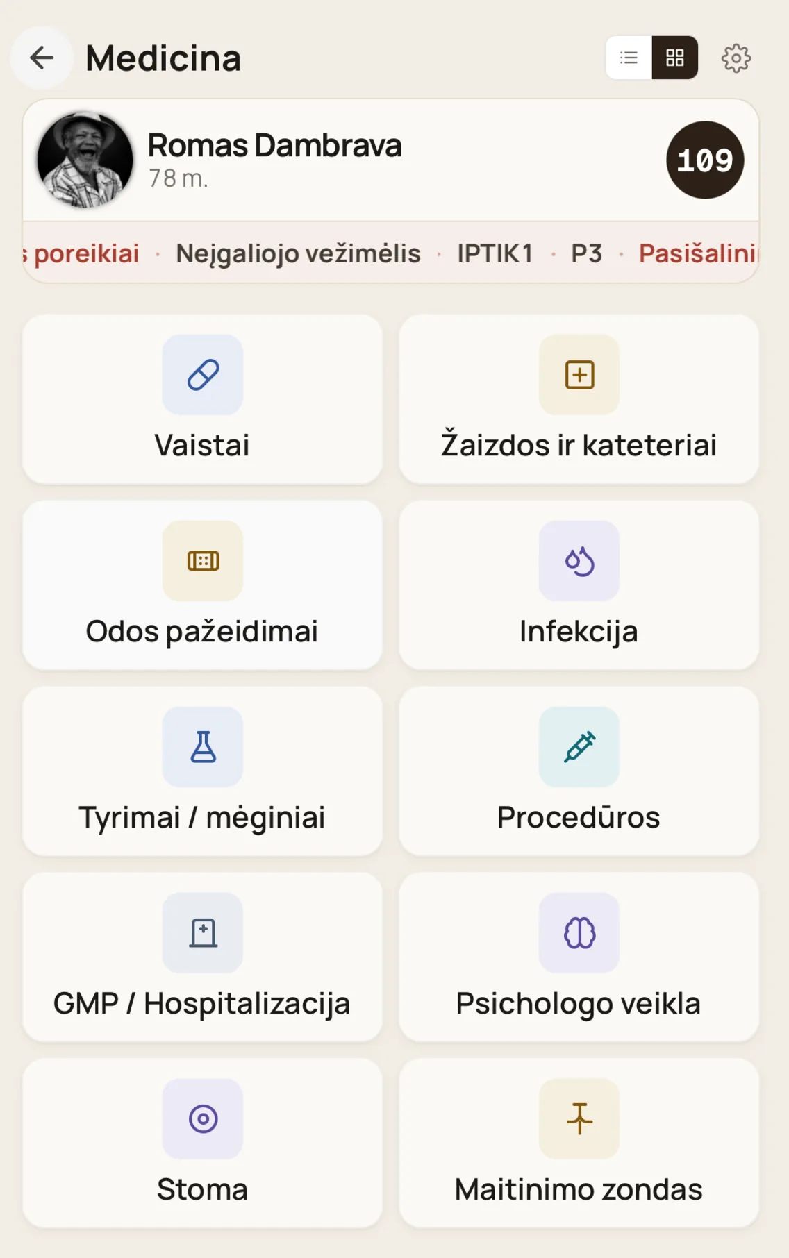Telefono Medicina padalinys su gyventojo kortele ir veiksmais.