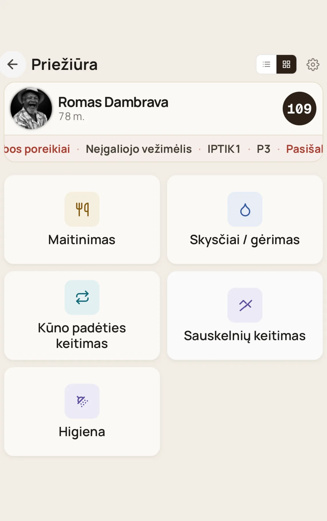 Telefono kasdienės priežiūros ekranas.