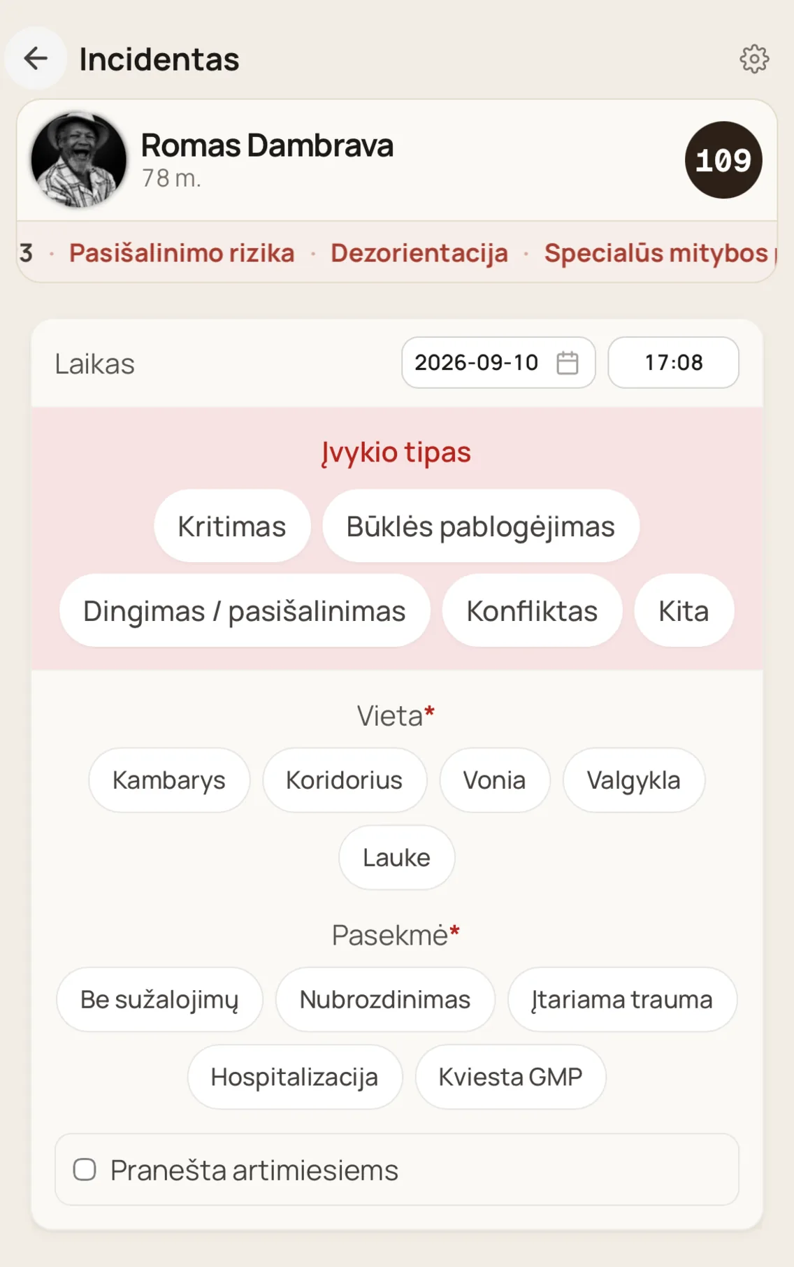 Telefono neigiamo įvykio forma.